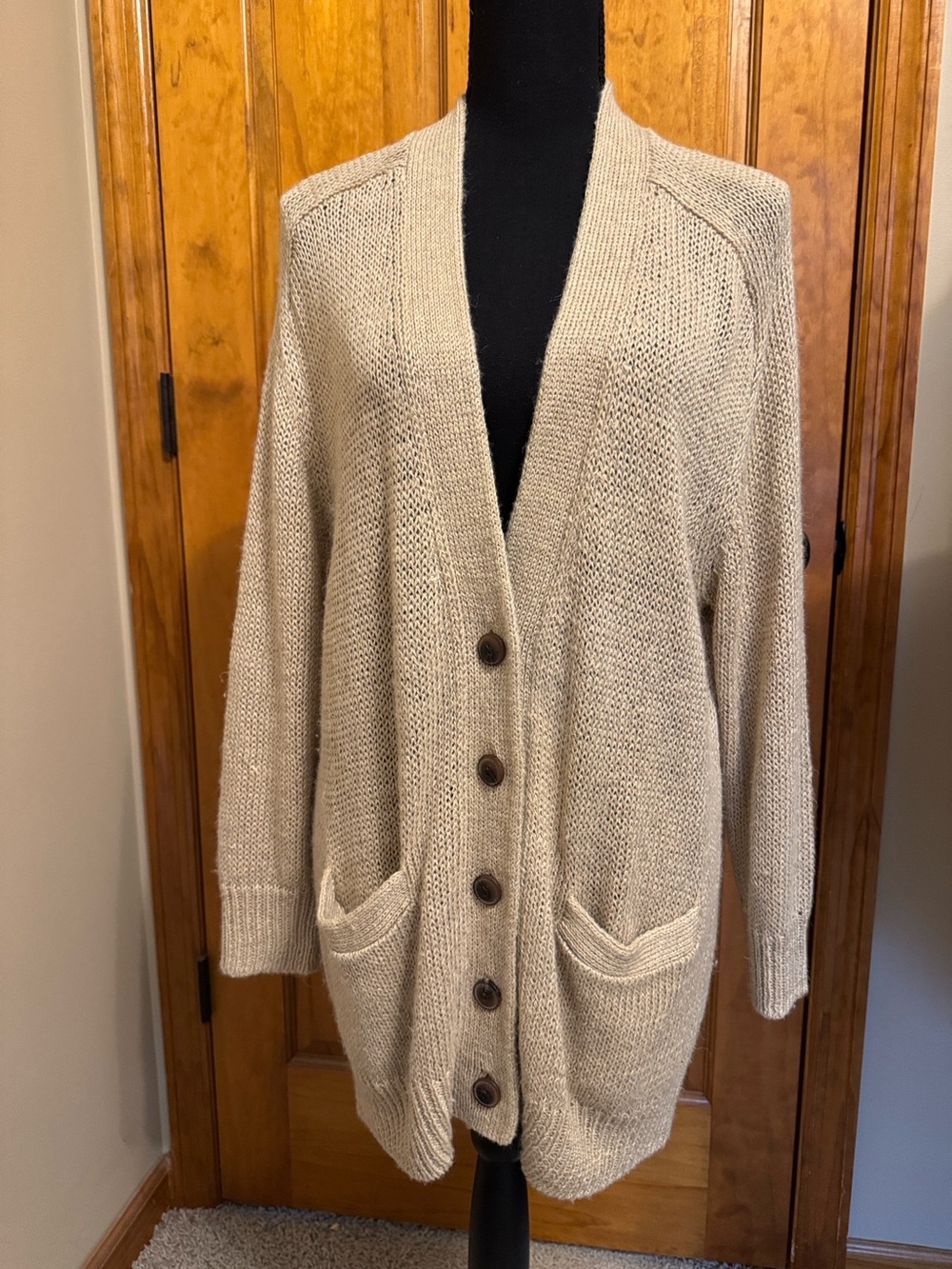 Ralph Lauren Taupe Button-Front Patch Pocket Cardigan